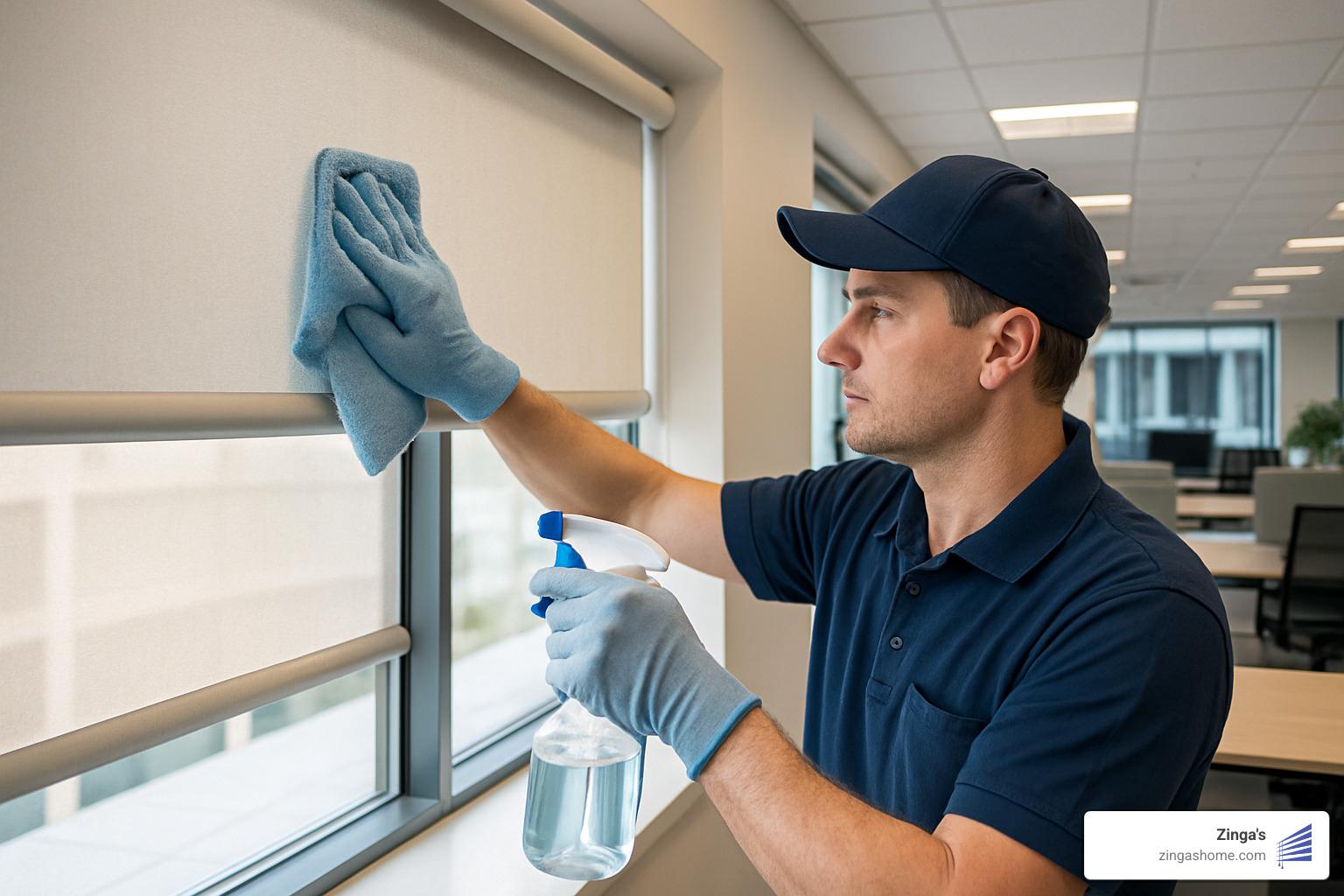 Commercial roller shade maintenance showing proper cleaning techniques for long-term durability - commercial roller window shades