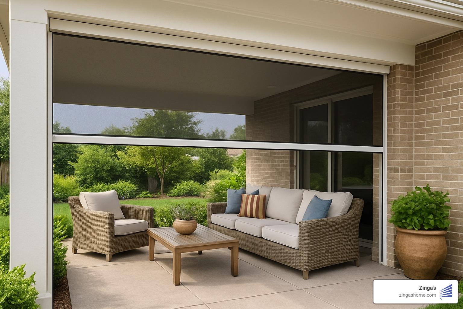 patio with automatic screen deployed - automatic garage door screen