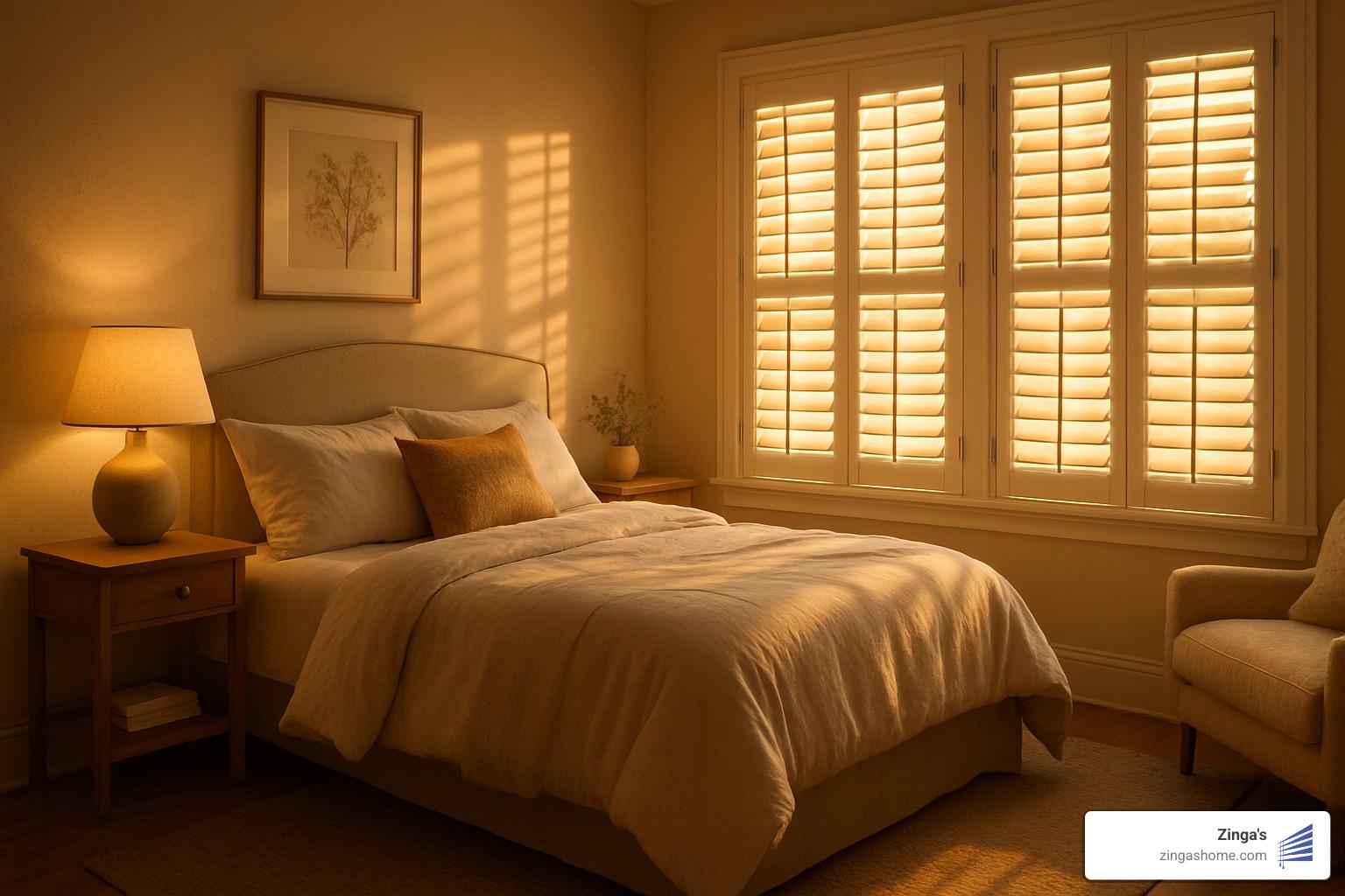 cozy bedroom with custom plantation shutters filtering warm sunset light - plantation shutter