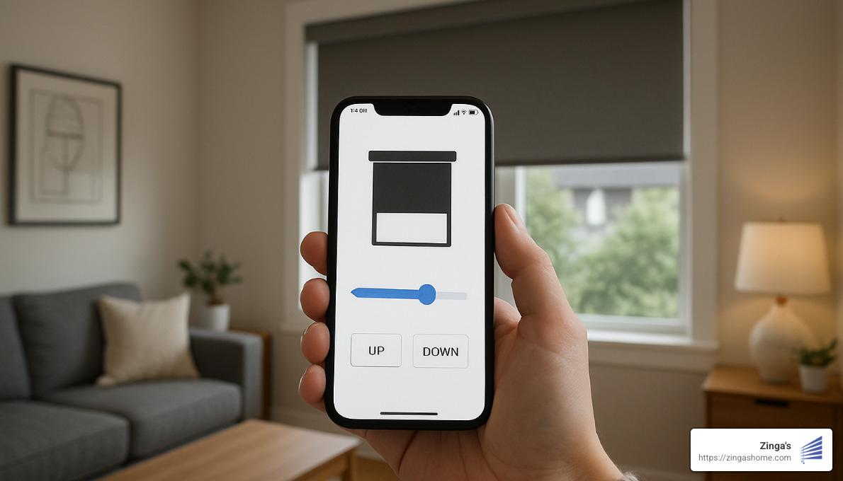 motorized window shade being controlled by smartphone - window treatments