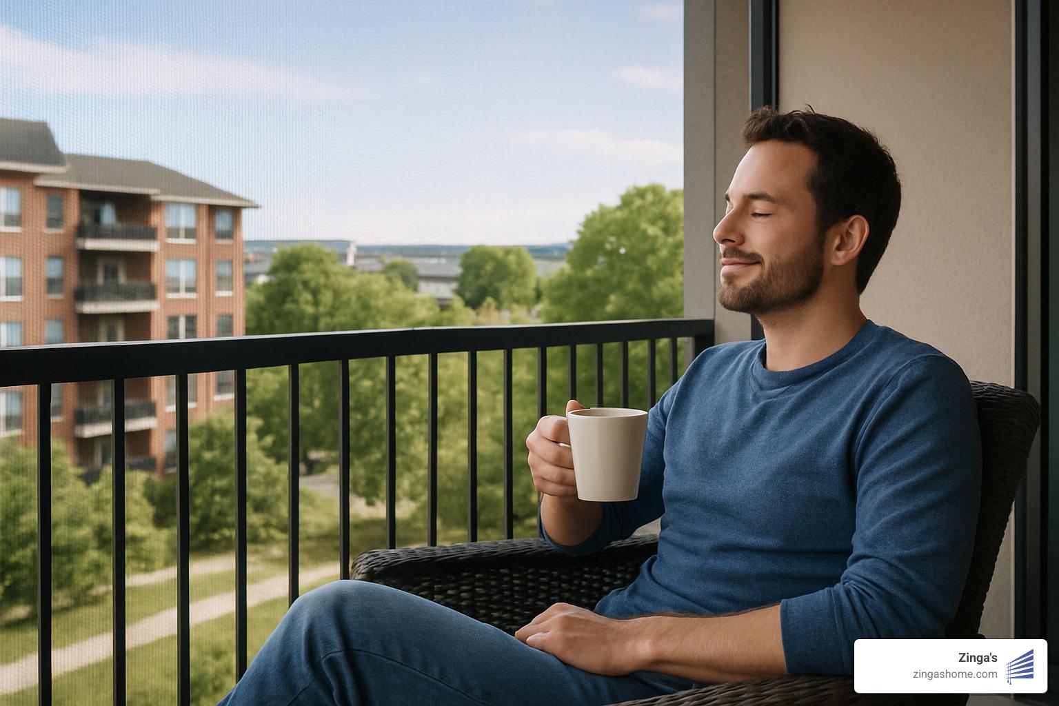 person relaxing on screened balcony with coffee - mosquito screen for balcony