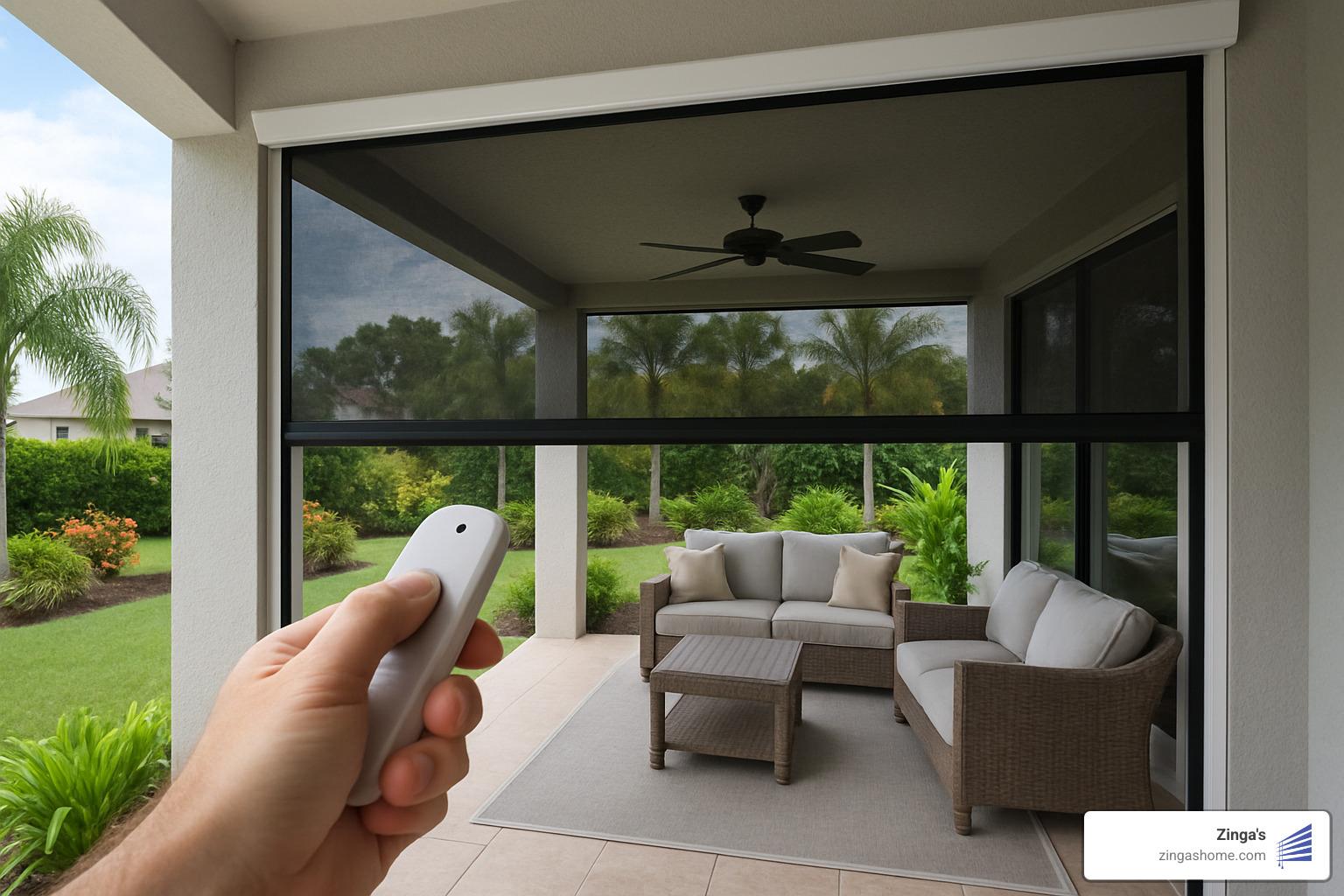 Remote control operating a motorized screen on a lanai - motorized screens for lanai
