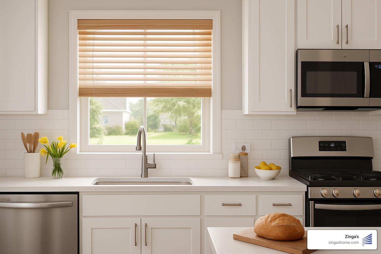 moisture-proof faux wood blinds in a kitchen window - eco friendly window blinds