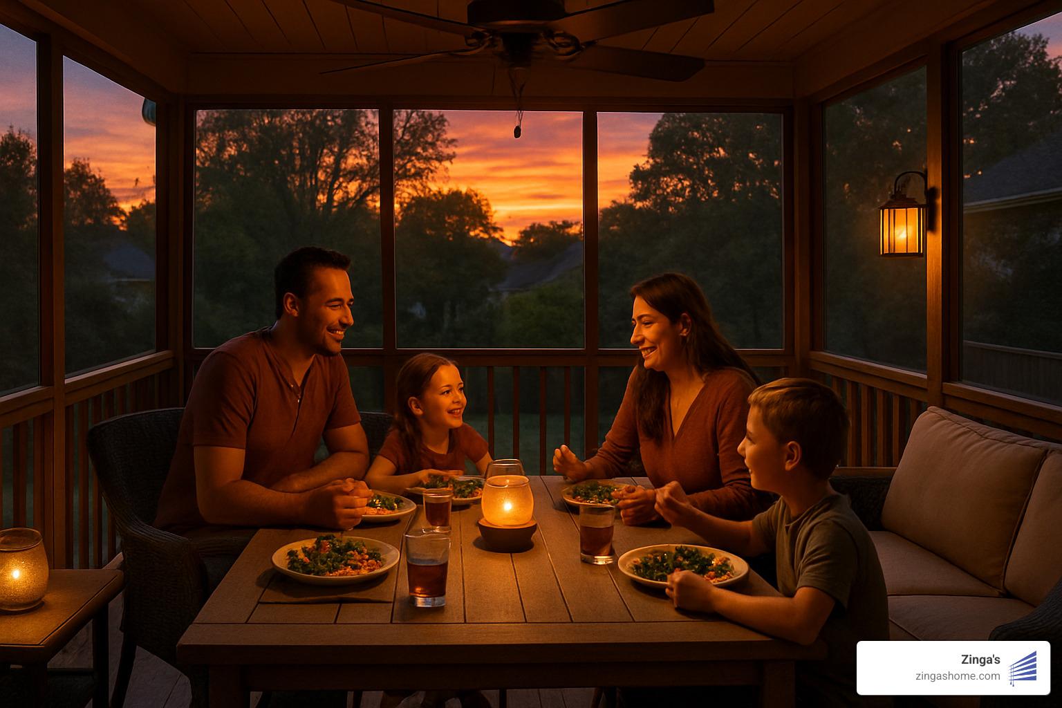 family enjoying dinner on a screened deck at sunset - retractable screens for decks
