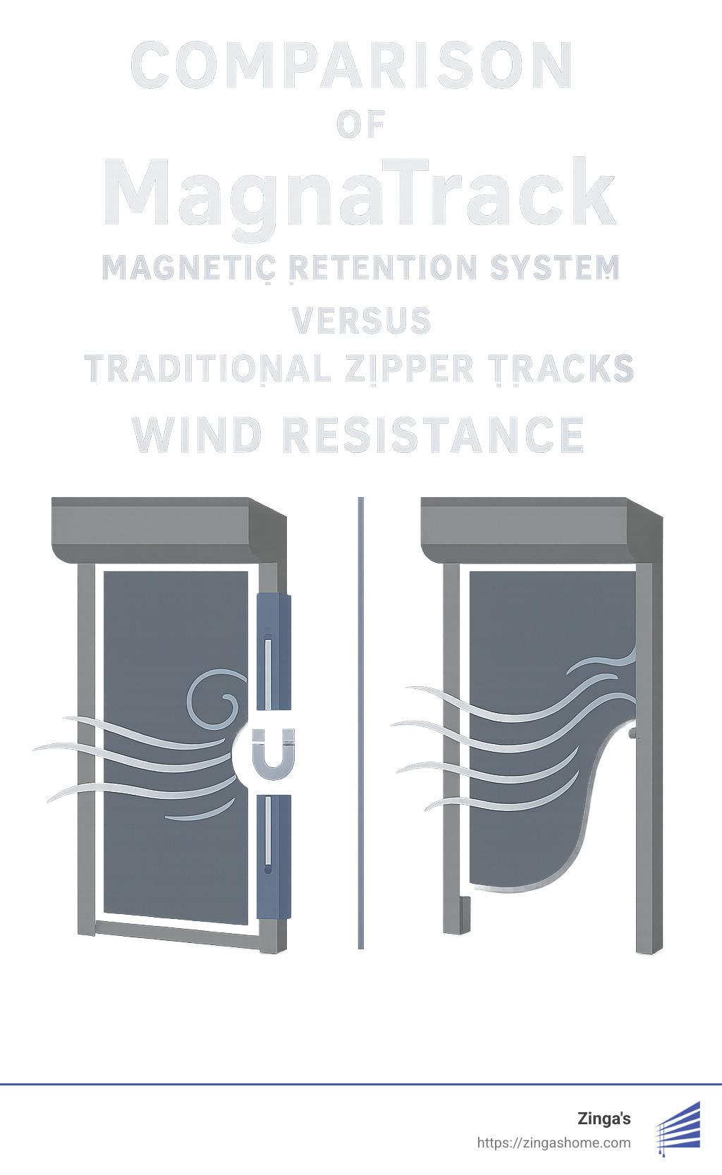 Comparison of MagnaTrack magnetic retention system versus traditional zipper tracks showing wind resistance capabilities - motorized garage screens infographic 