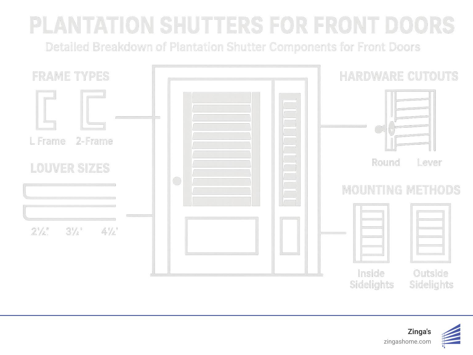 Detailed breakdown of plantation shutter components for front doors including frame types, louver sizes, hardware cutout options, and mounting methods for doors with sidelights - plantation shutters for front door infographic 