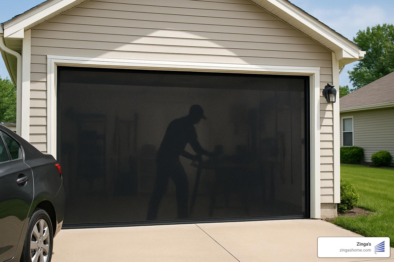garage privacy screen in use showing one way visibility - garage privacy screen