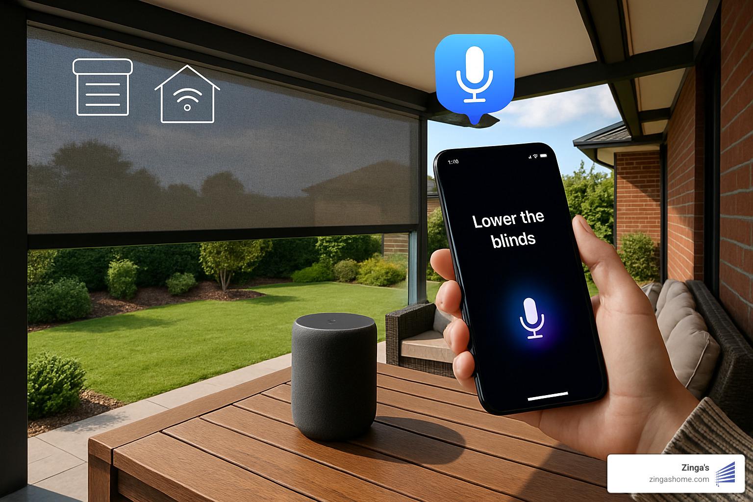 Smart home integration showing voice control and automation of outdoor blinds - automatic outdoor blinds