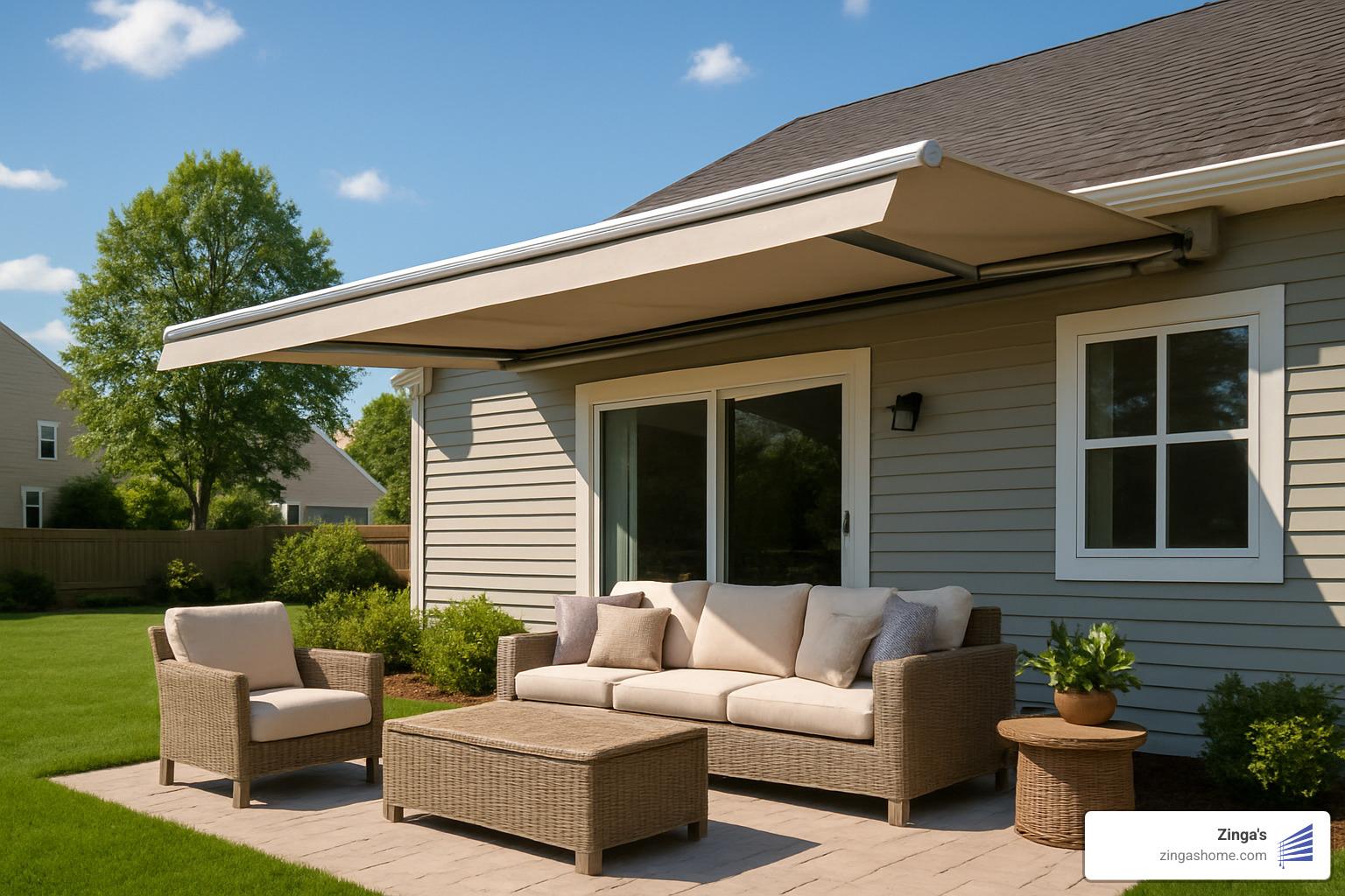 motorised awning extending over a patio - motorised shade awnings