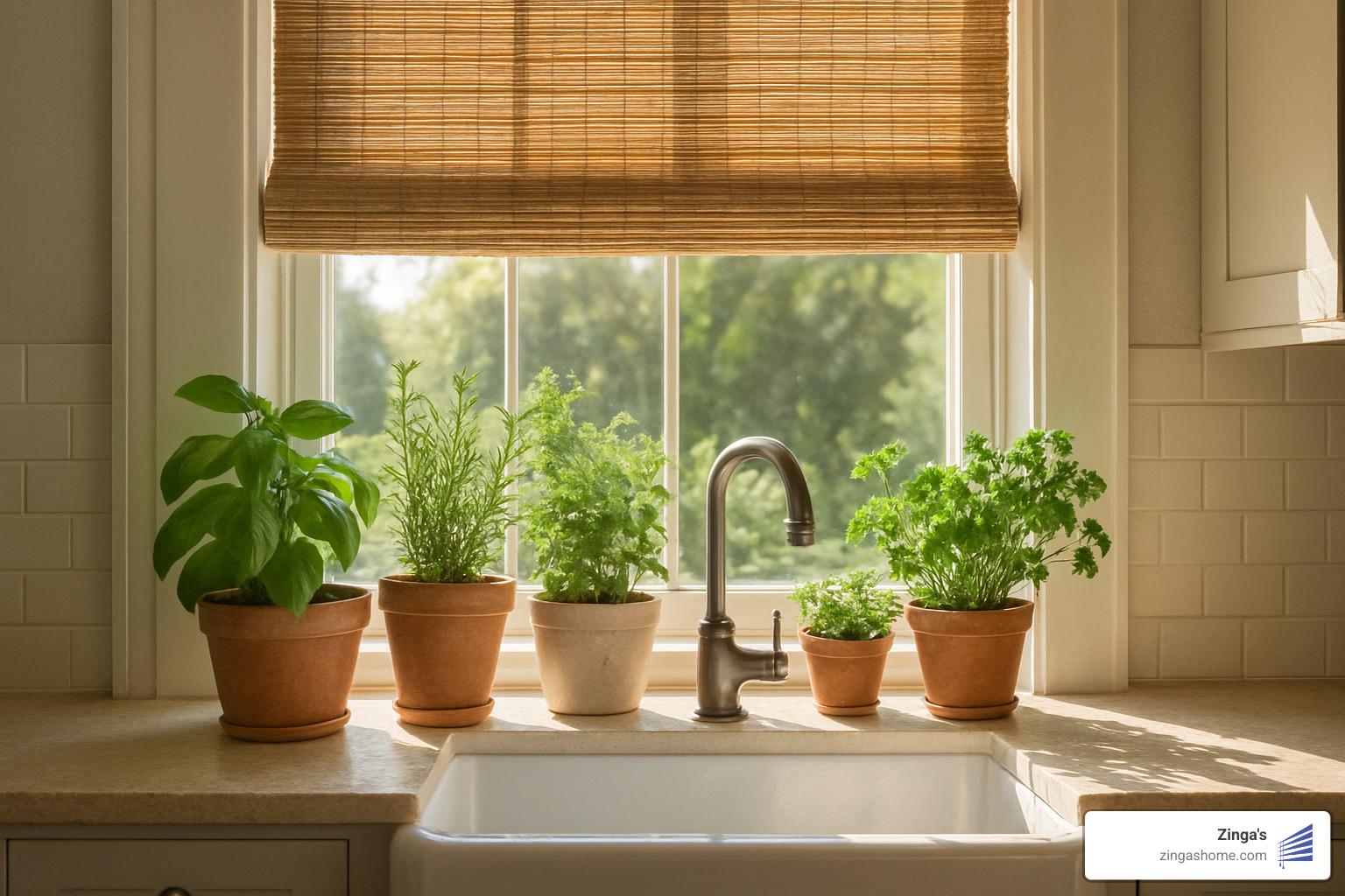 bamboo window shade with kitchen plants on windowsill - kitchen window blinds ideas