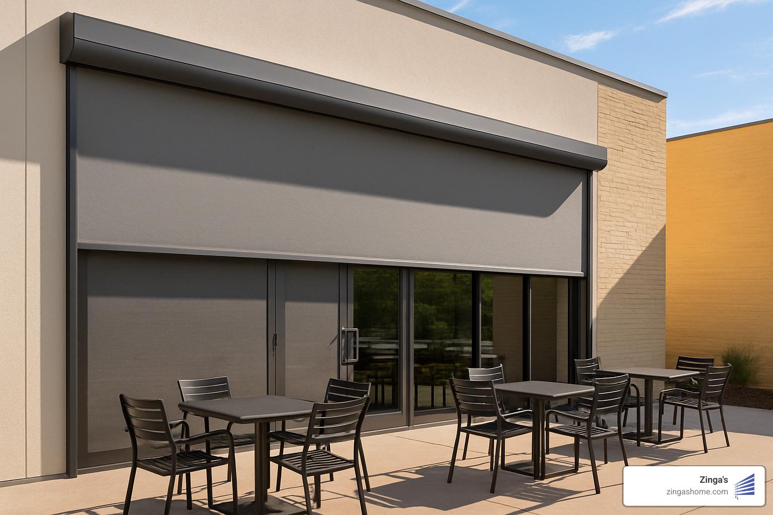 Exterior zip shade system providing wind resistance and heat rejection for commercial patios - commercial roller window shades