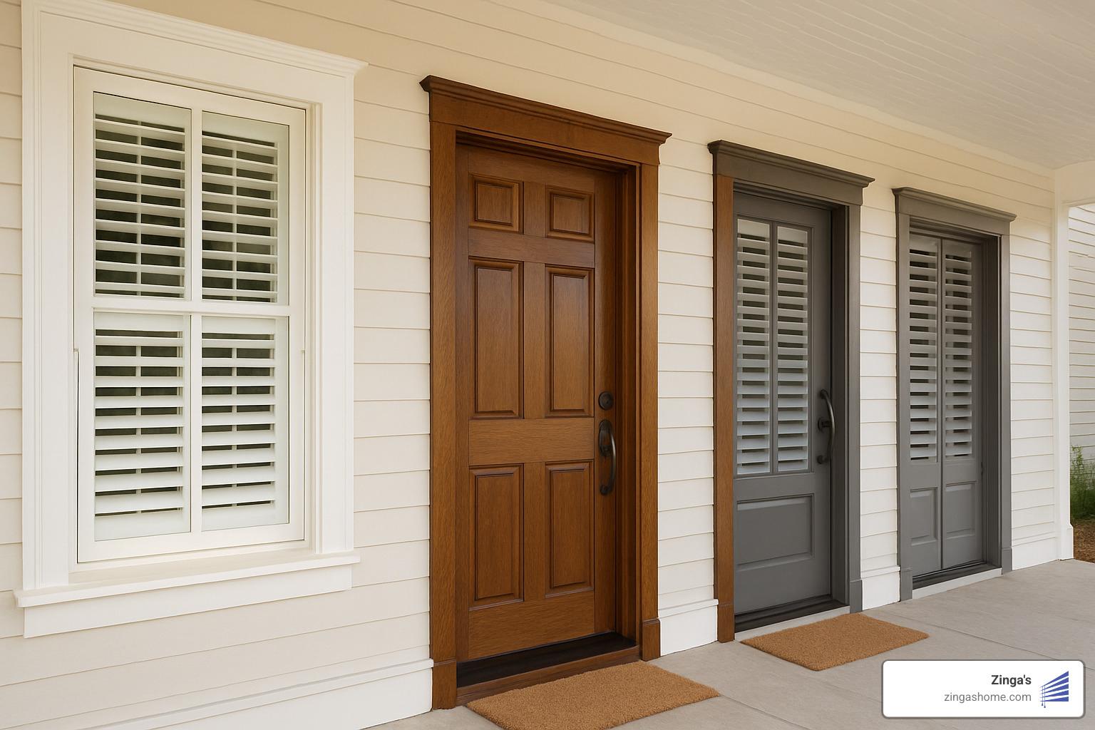 color-matched shutter frames complementing various door trim colors and styles - plantation shutters for front door