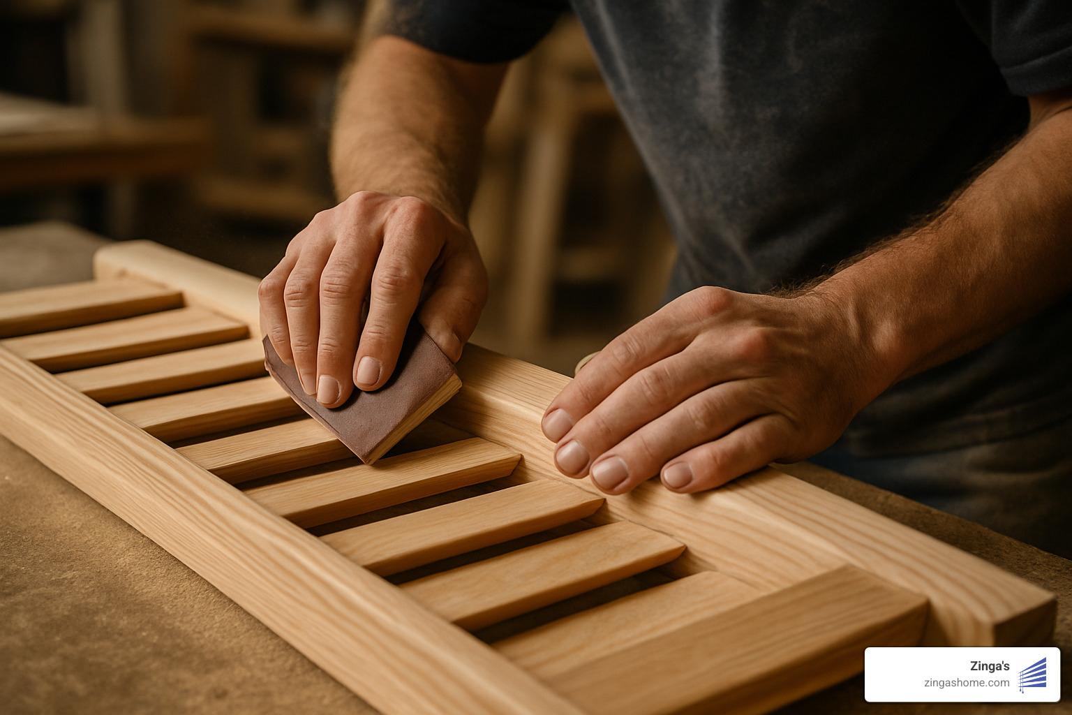 Close-up of hand-sanding process on custom plantation shutters - dfw shutters