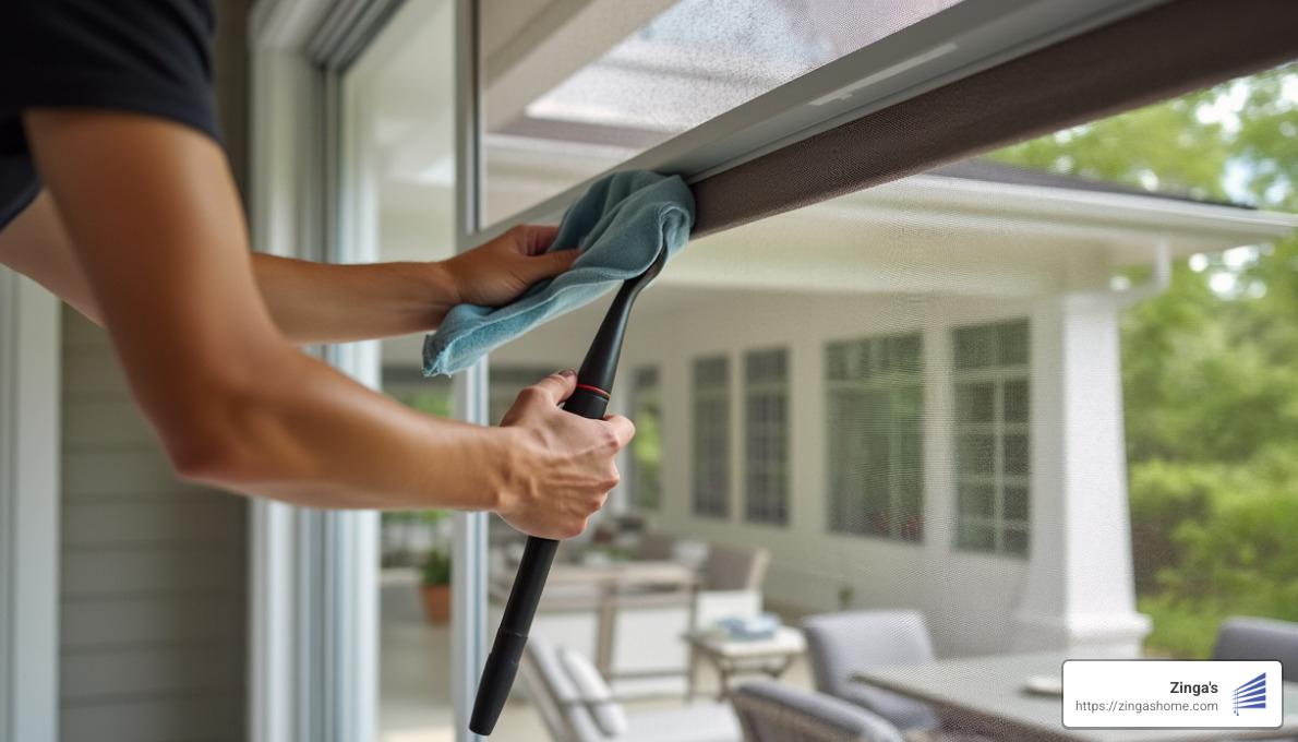 motorized screen maintenance showing cleaning of tracks and fabric - motorized screens