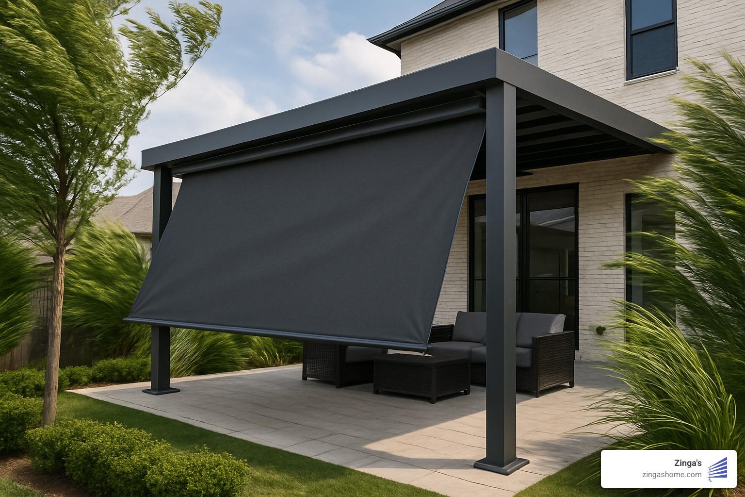 Heavy-duty motorized shade withstanding high winds - motorized patio shades dallas