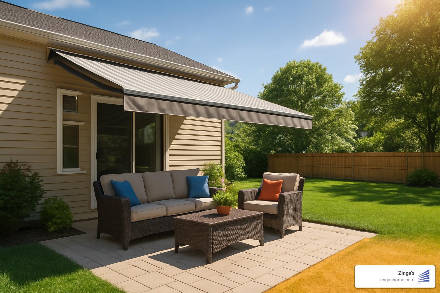 Patio with retractable awning showing energy-saving shade - retractable awnings